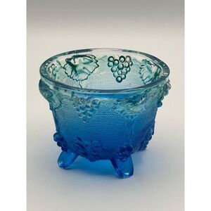 Vintage Jeannette Glass Footed Candy Dish Blue Embossed Grapevine Pattern
